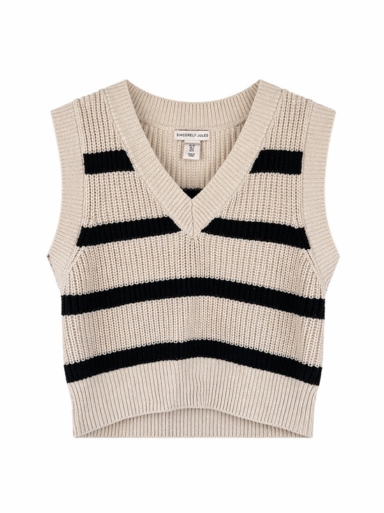 Sincerly Jules Sweaters - Sincerly Jules Cream and Black Striped V-Neck Knit Sweater Vest